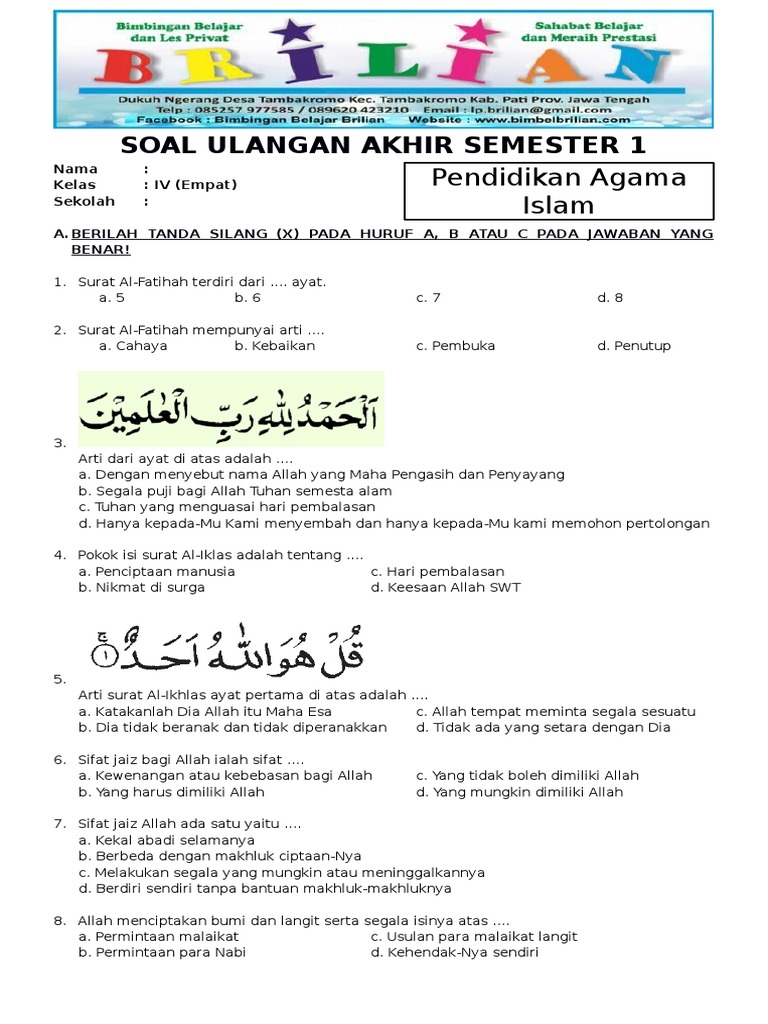 Soal UAS PAI Kelas 4 SD Semester 1 (Ganjil) Dan Kunci