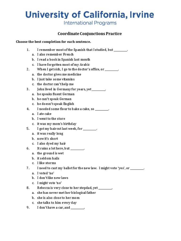 Conjunctions Practice Exercises | PDF