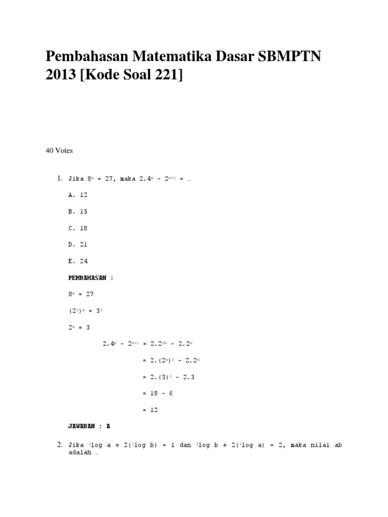 Pembahasan Matematika Dasar SBMPTN 2013 [Kode Soal 221]