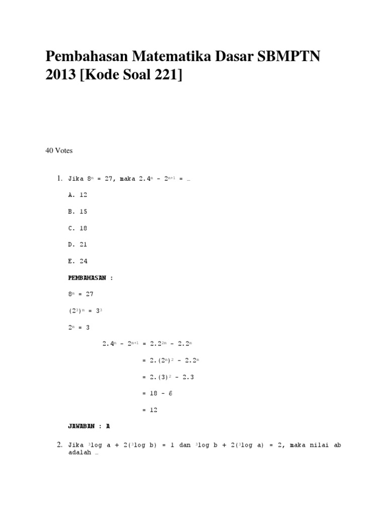 Pembahasan Matematika Dasar SBMPTN 2013 [Kode Soal 221]