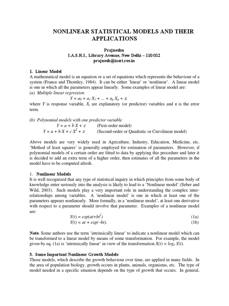 Nonlinear Statistical Models And Their Applications Errors And Residuals Ordinary Least Squares