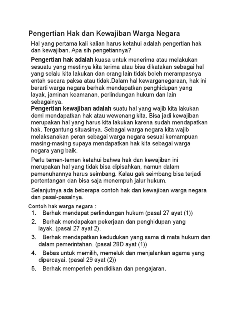 Pengertian Hak Dan Kewajiban Warga Negara