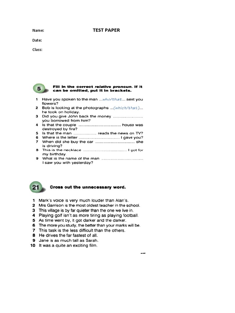Test Paper for Class Evaluation | PDF
