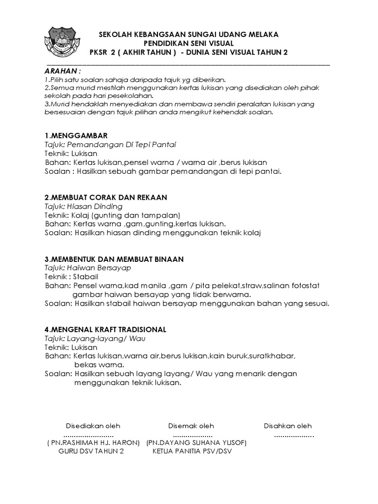 Soalan Seni Rashimah Tahun 2 2017