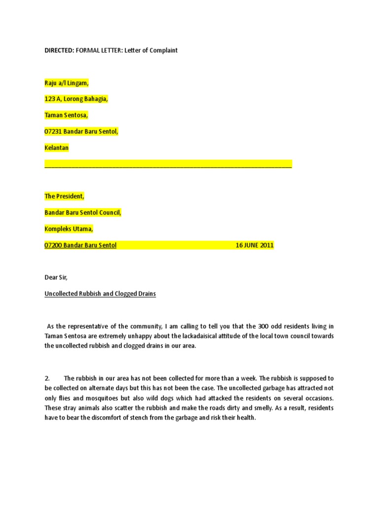 Complaint Letter on Garbage Issues | PDF