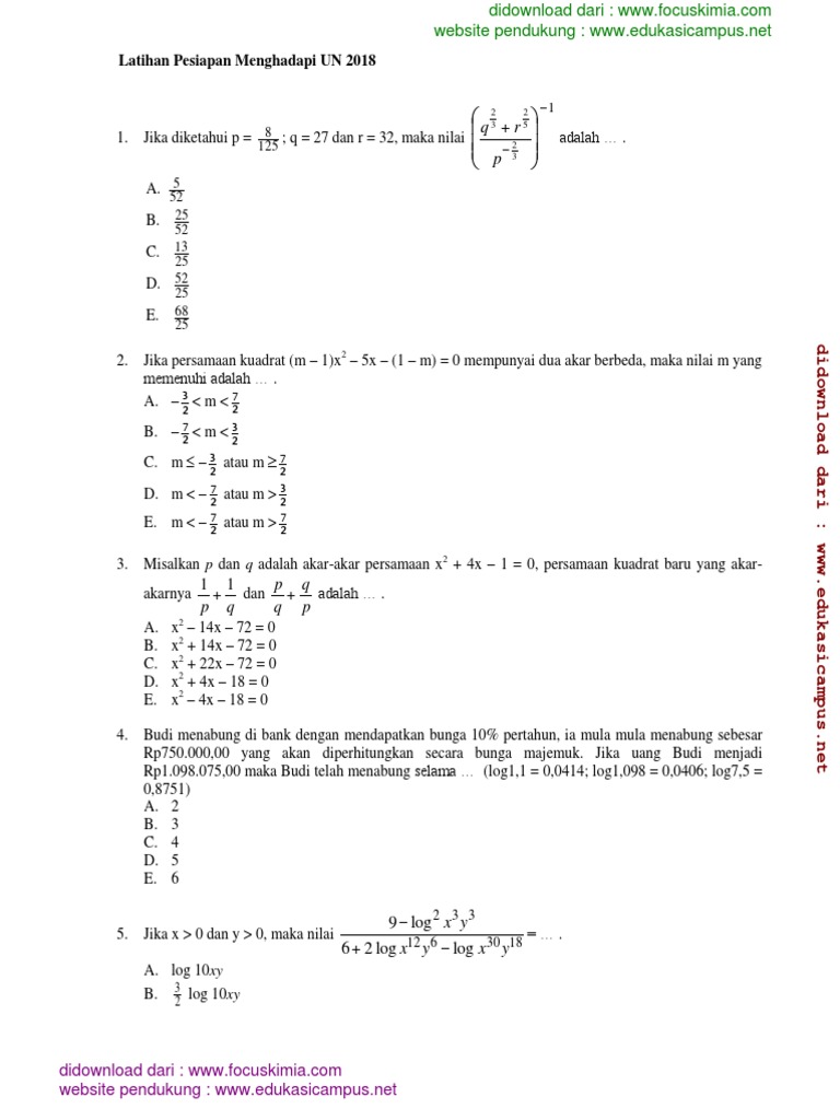 Soal Pra Ujian Nasional Matematika Ipa Sma Kode A 13