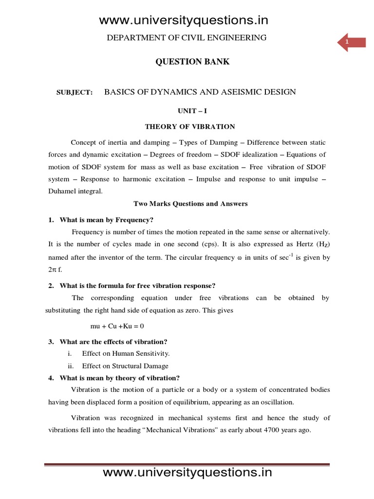 Basics Of Dynamics And Aseismic Design PDF Earthquakes Matrix