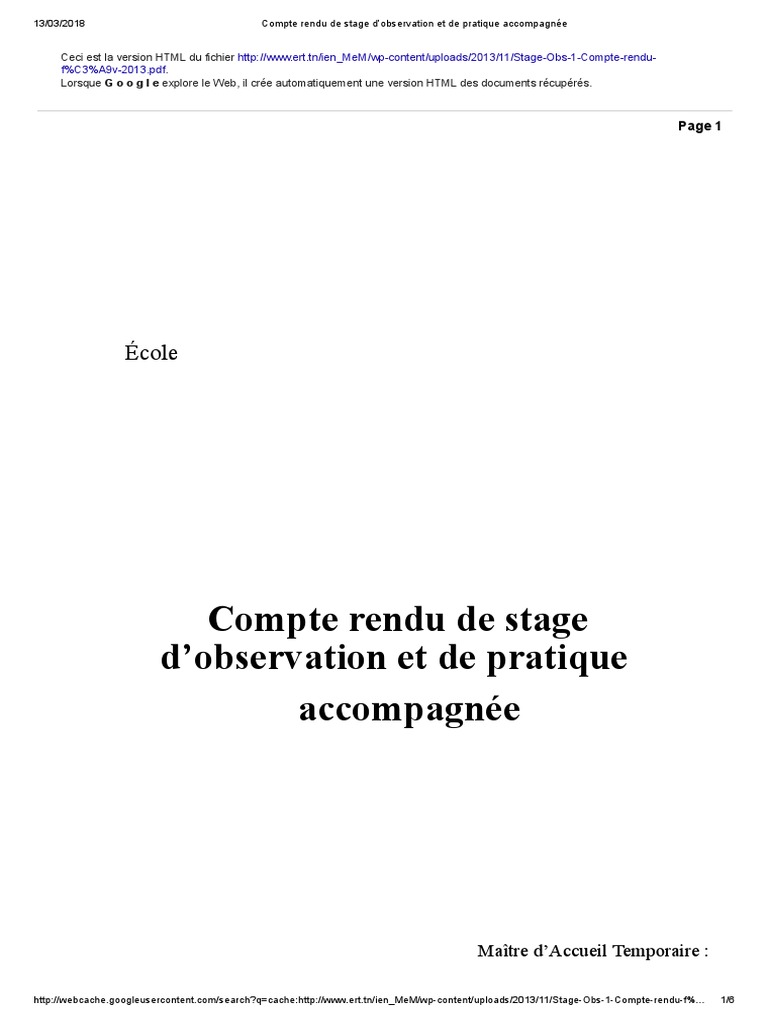 Compte Rendu de Stage d’Observation Et de Pratique Accompagnée