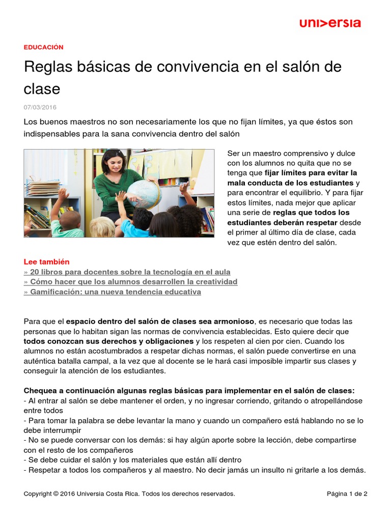 Reglas Basicas Convivencia Salon Clase | PDF | Salón de clases | Maestros
