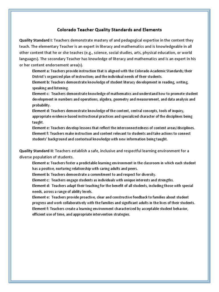 Colorado Teacher Quality Standards and Elements PDF Teachers Expert