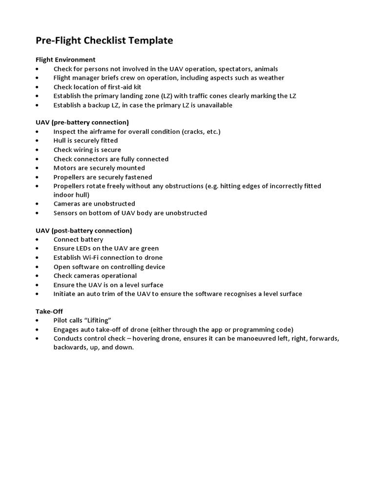 Pre Flight Checklist Unmanned Aerial Vehicle Manufactured Goods
