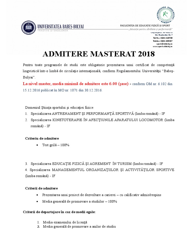 Admitere 2018 Master Criterii Si Calendar