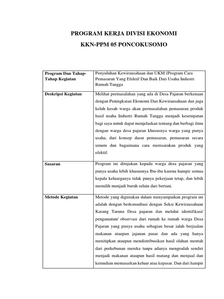 Program Kerja Divisi Ekonomi | PDF