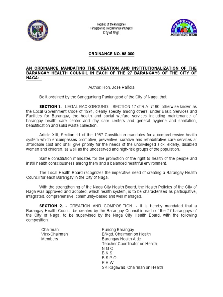 CITY ORDINANCE NO. 98060 of Naga City, Philippines Government Politics