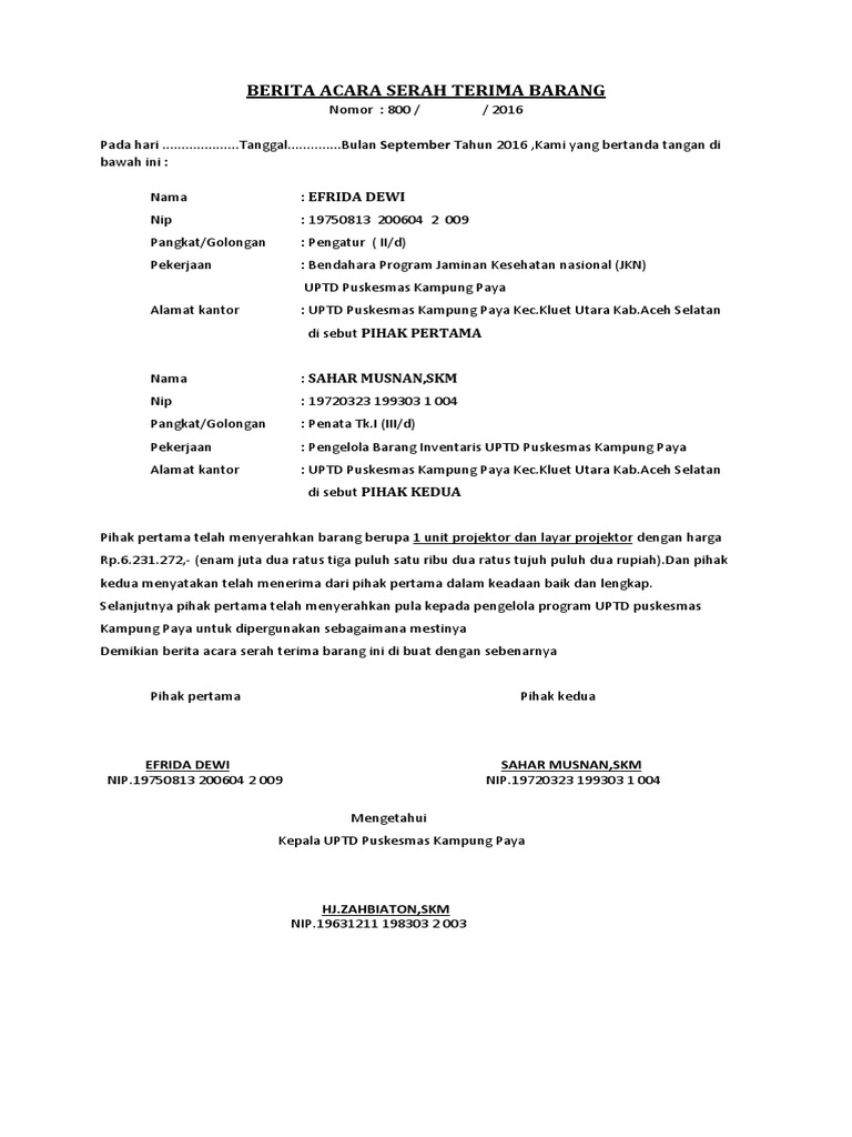 Surat Serah Terima Barang Inventaris Kantor Kumpulan