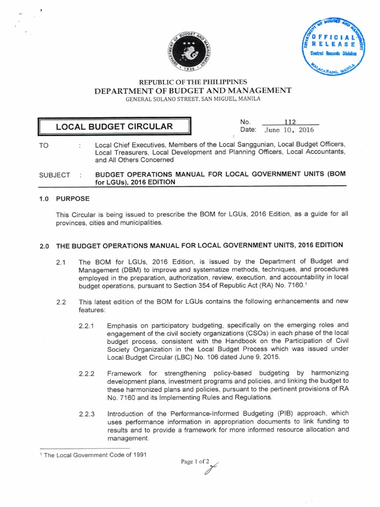 BOM for LGUs 2016 Edition Guidelines | PDF | Budget | Social Institutions
