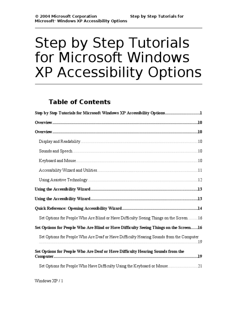 Step by Step Tutorials For Microsoft Windows XP Accessibility Options | PDF