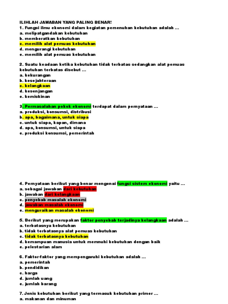 Soal Dan Pembahasan Materi Kebutahan Ekonomi
