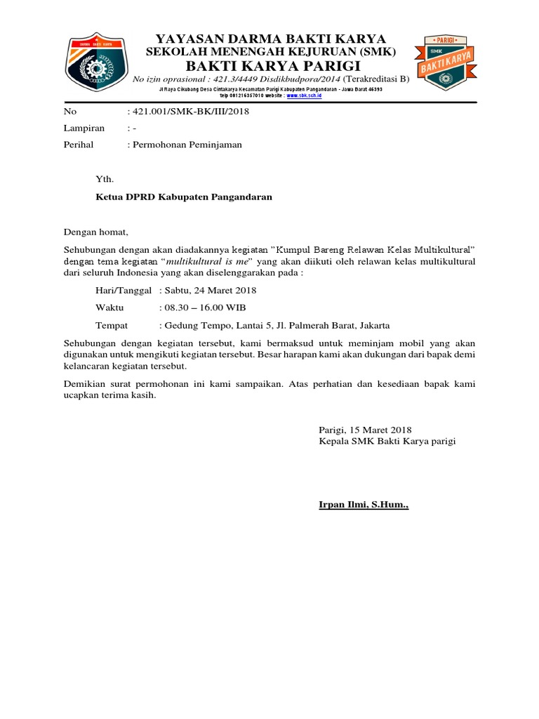 Surat Permohonan Peminjaman Mobil