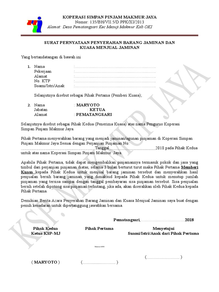 A4 Formulir 3 Surat Pernyataan Penyerahan Barang Jaminan Dan