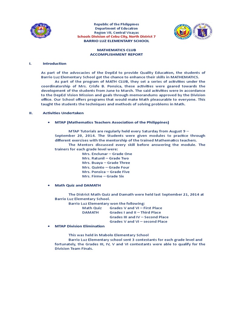 Math Club Accomplishment Report Pdf Mentorship Teachers