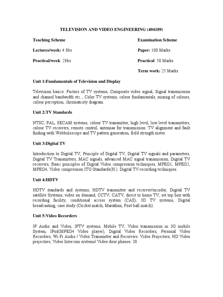 Television & Video Engineering Course | PDF | Digital Television ...