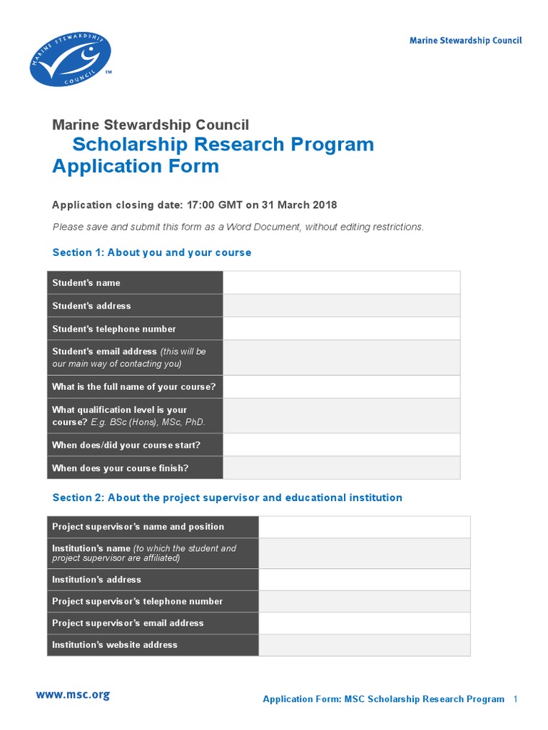 2018 MSC Scholarship Program Application Form | PDF | Business | Science