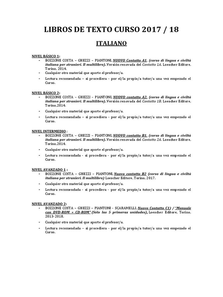 Libros de Texto Italiano Curso 2017/18 | PDF
