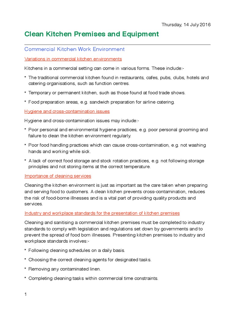 Clean Kitchen Premises And Equipment Hygiene Food Safety