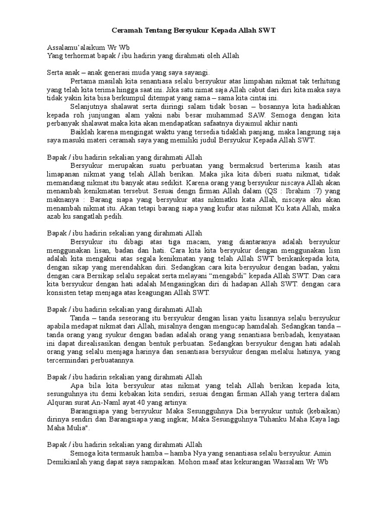 Ceramah Tentang Bersyukur Kepada Allah Swt