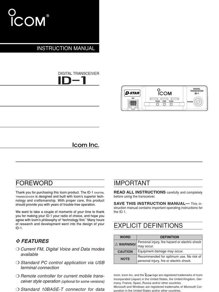 Icom ID-1 Instruction Manual | PDF | Electrical Connector | Radio