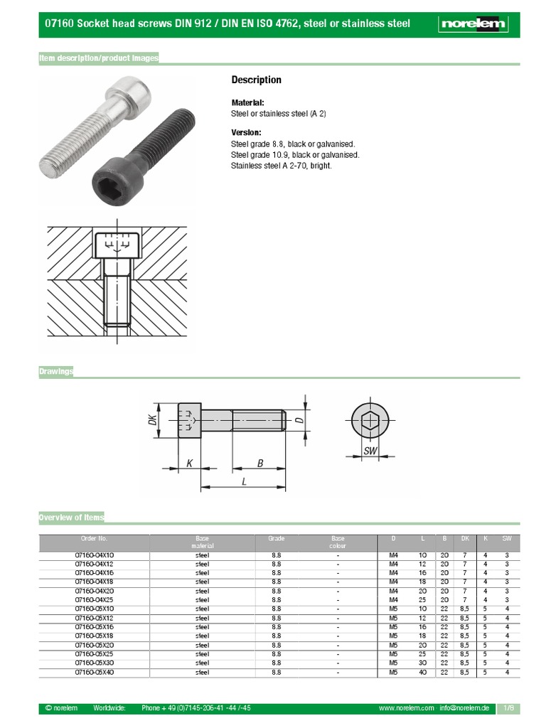 Datasheet 4075 Socket Head Screws DIN 912 DIN en ISO 4762 Steel or