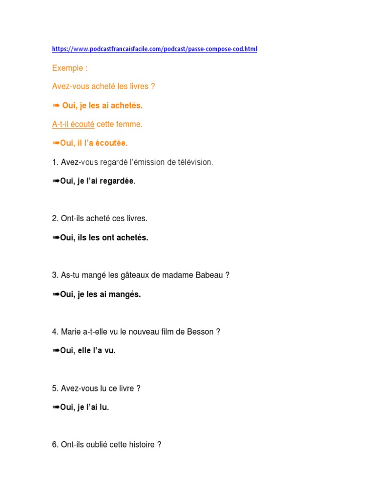 Exemple De Phrase Au Passé Composé Le Passé Composé Avec Les Pronoms COD (Exercices) | PDF