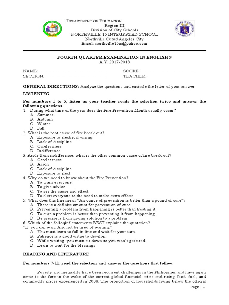 4th Quarter Exam English 9 (PRINT) Economic Inequality Class