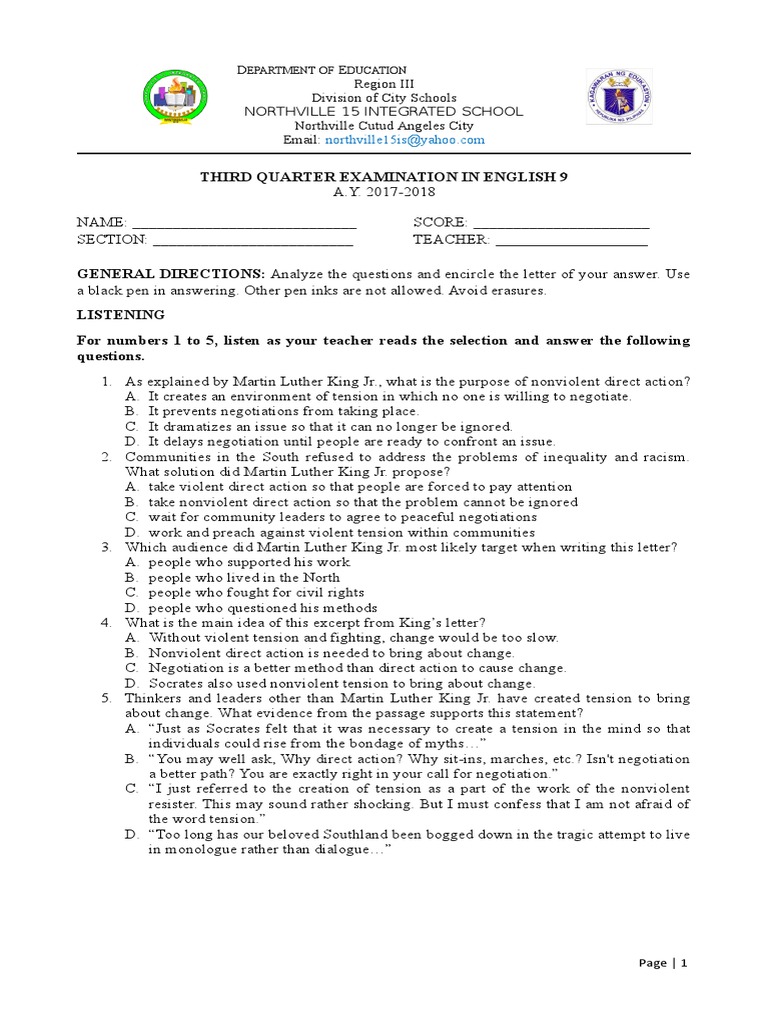 3rd Quarter Exam English 9 Theatre Audition Free 30day Trial