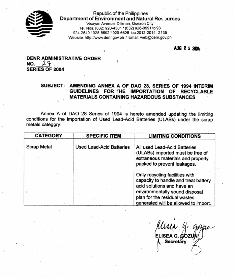 DAO 2004-27 - Amending Annex A of DAO 28, Series of 1994 Interim ...