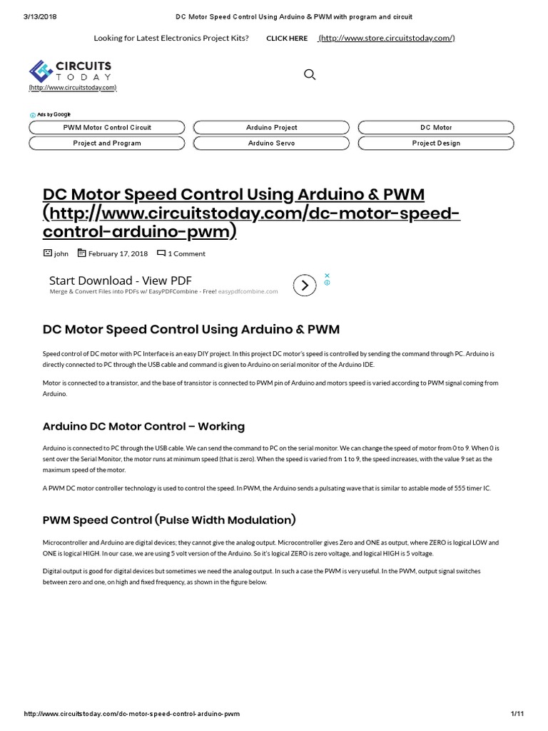 DC Motor Speed Control Using Arduino & PWM With Program and Circuit PDF ...