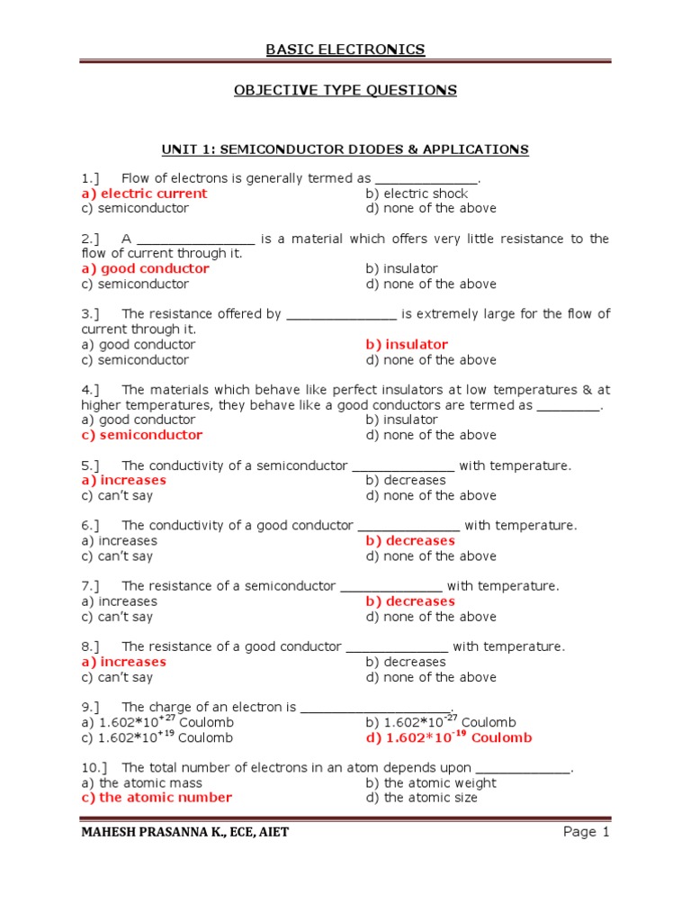 Basic Electronics Objective Type Questions Semiconductors Amplifier