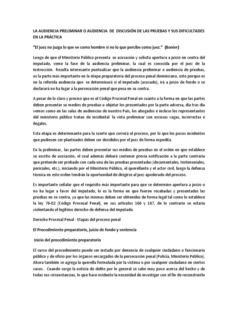 La Audiencia Preliminar o Audiencia Procedimiento Criminal