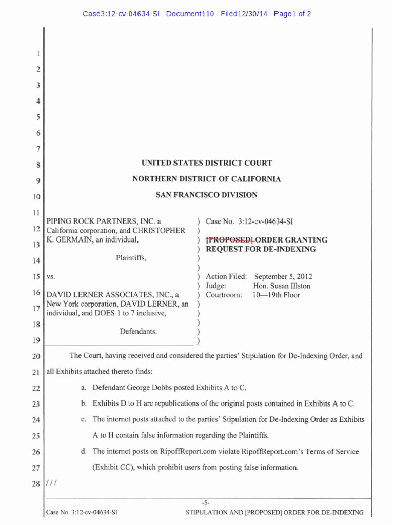Piping Rock V Lerner Order Granting Request For De Indexing Business General Business
