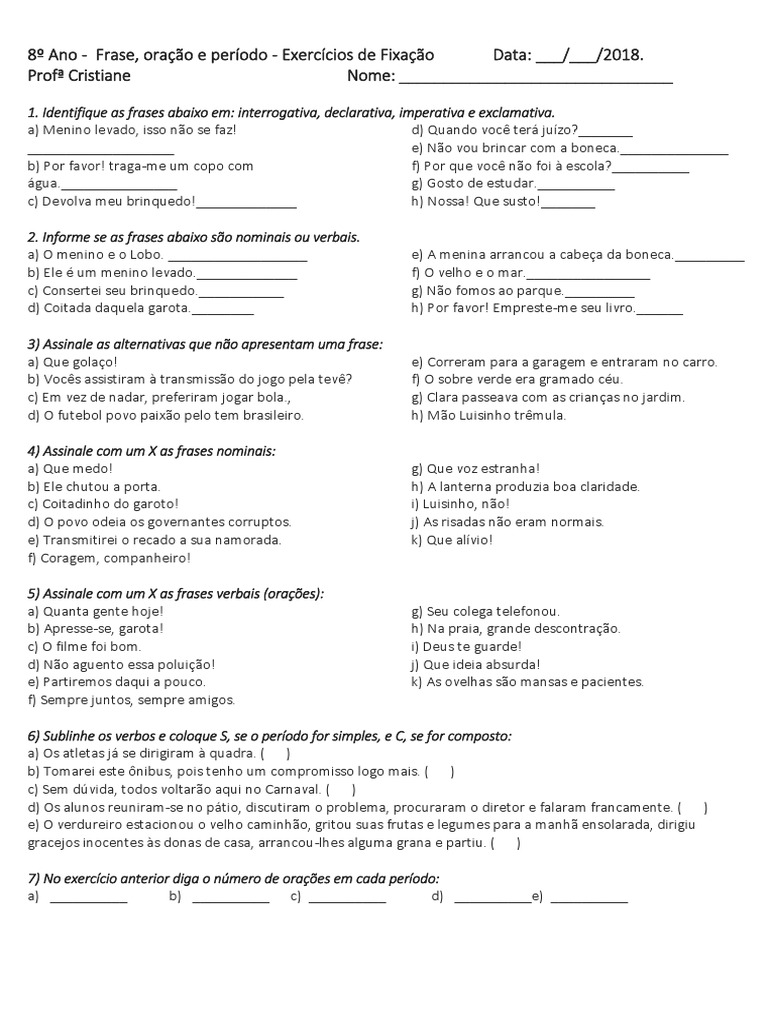 8º Ano Frase, Oração e Período - Ativ Com Gabarito | PDF | Piadas ...