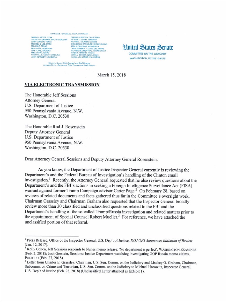 Grassley Letter to AG DAG (Requesting Special Counsel) March 15th