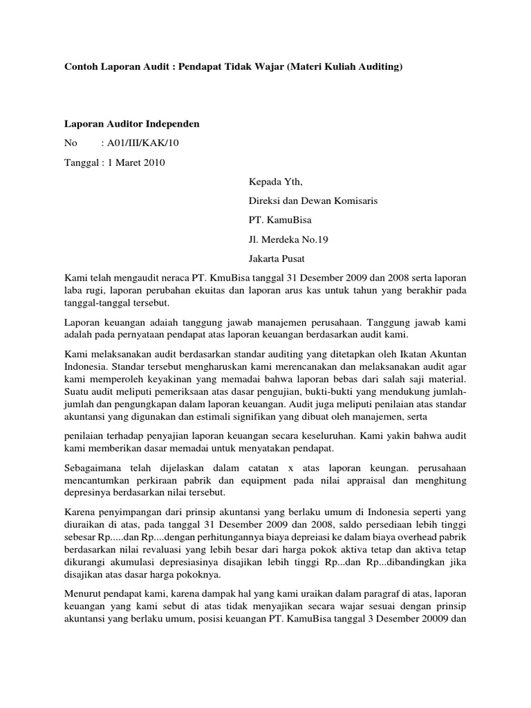 Contoh Laporan Audit Tidak Wajar