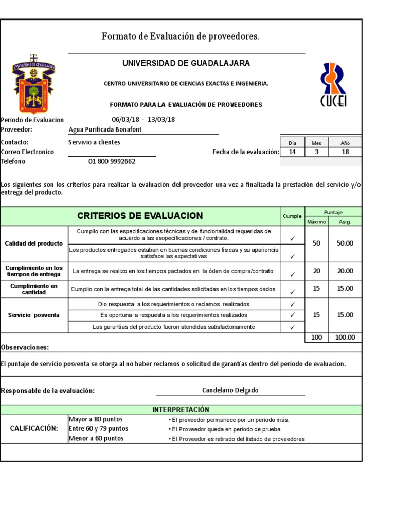 Formato de Evaluación de proveedores Business Tecnología Prueba