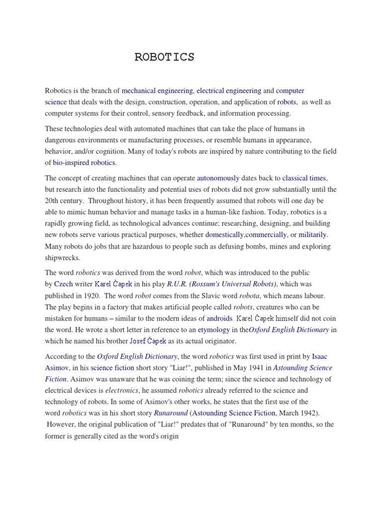 Robotics R.U.R. (Rossum's Universal Robots) PDF Robotics Robot