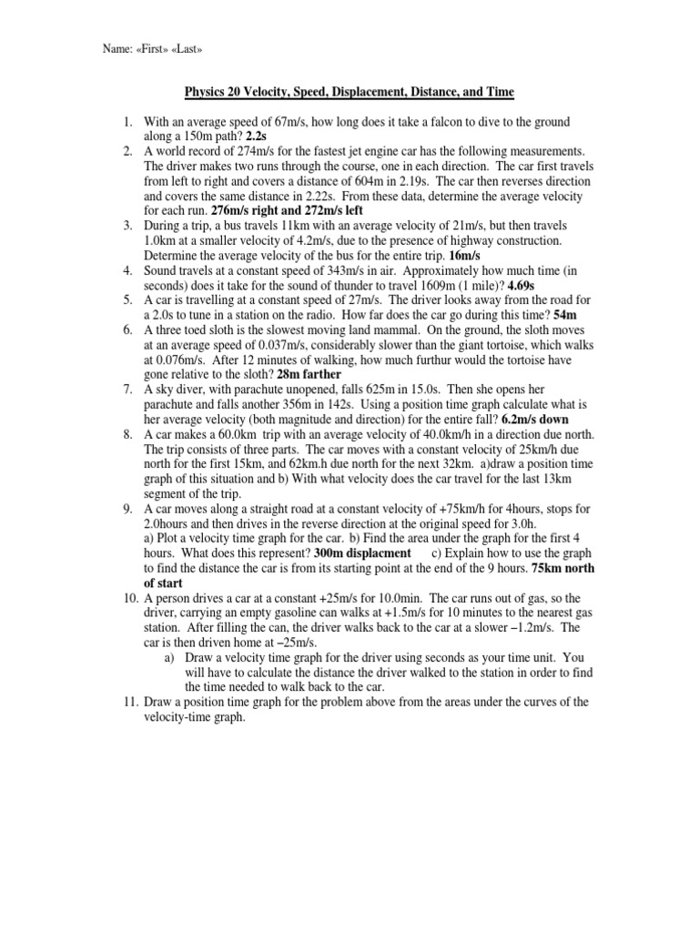 Lesson22 Position Displacement and Velocity Worksheets  PDF Pertaining To Distance And Displacement Worksheet Answers