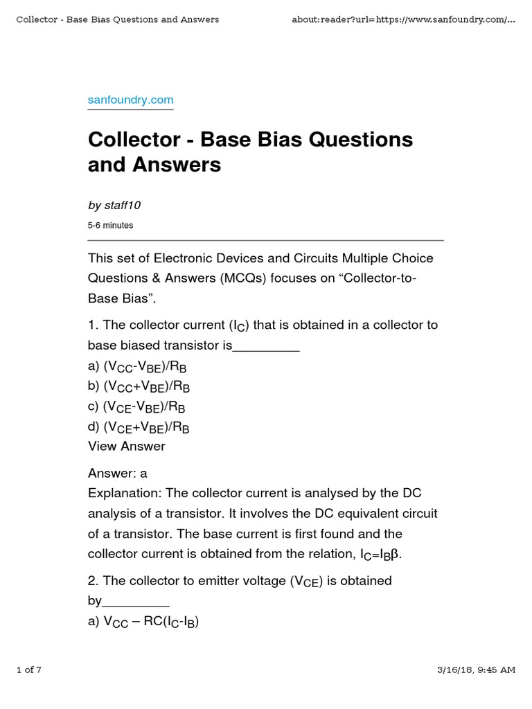 Questions & Answers On Transistor Biasing and Thermal Stabilization