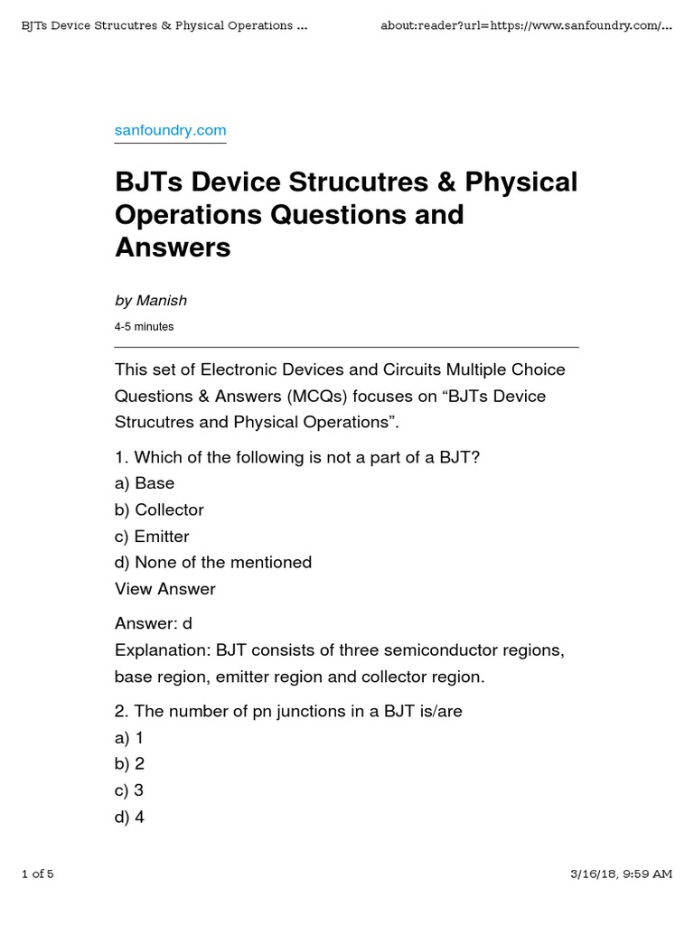 Questions & Answers On Bipolar Junction Triodes (BJTS) PDF Bipolar Junction Transistor