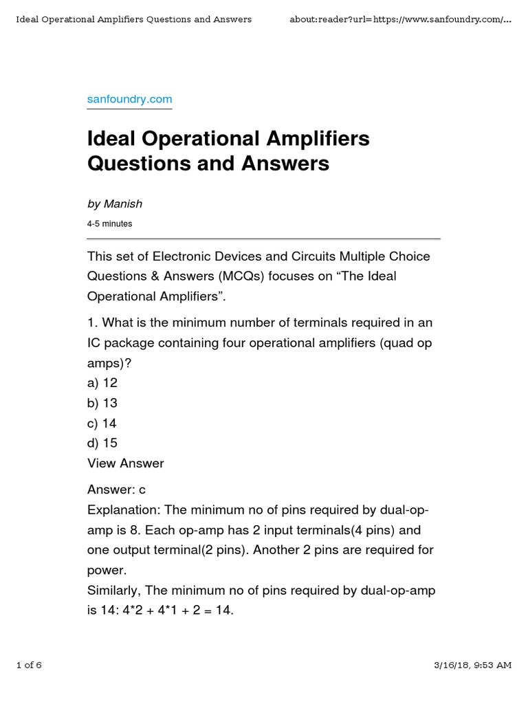 Ideal Op Amp MCQs and Answers | PDF | Operational Amplifier | Amplifier
