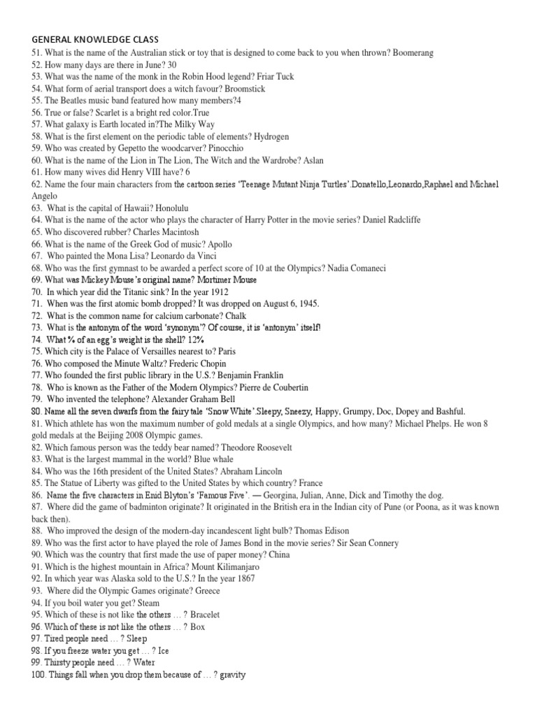 General Knowledge Quiz: 100 Questions | PDF | Leisure | Nature